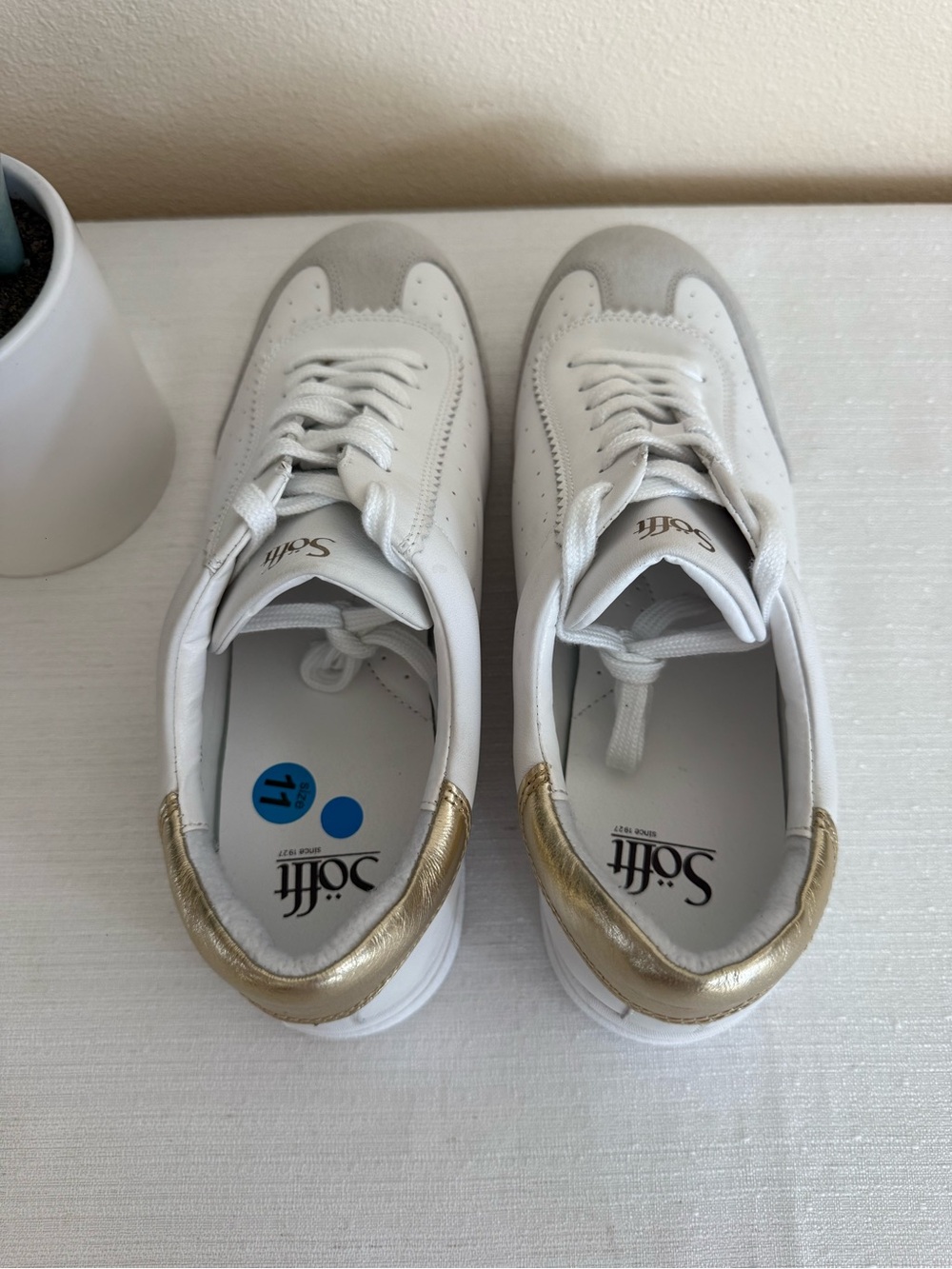 New Sofft White Leather Sneakers with Gray Toe and Gold Heel Accent - Picture 7 of 12